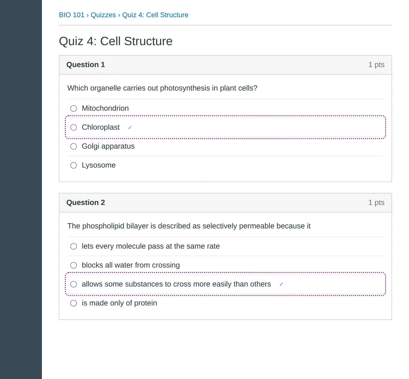 A Canvas style biology quiz. CleverNode has outlined Chloroplast in question 1 and "allows some substances to cross more easily than others" in question 2.