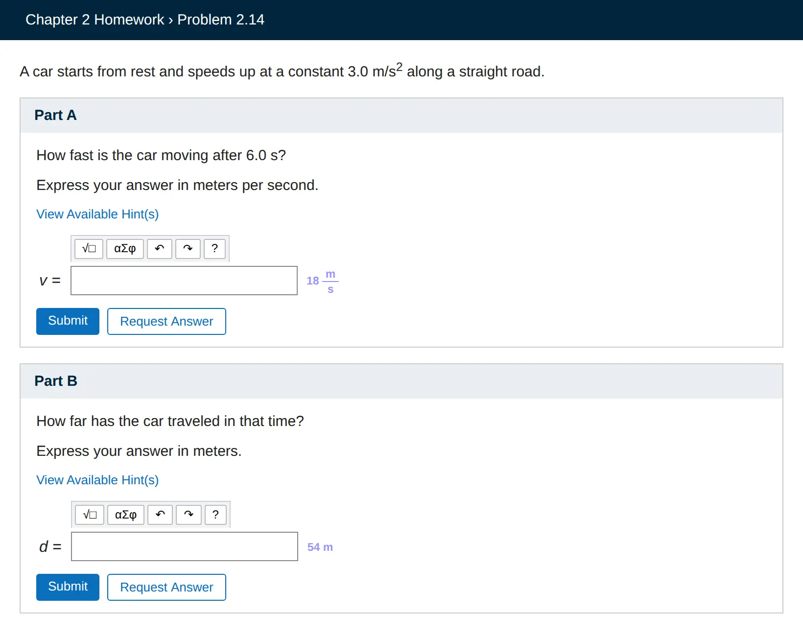 A Mastering style physics problem with two parts. CleverNode has written 18 m/s beside the Part A equation box, drawn as a fraction, and 54 m beside Part B.