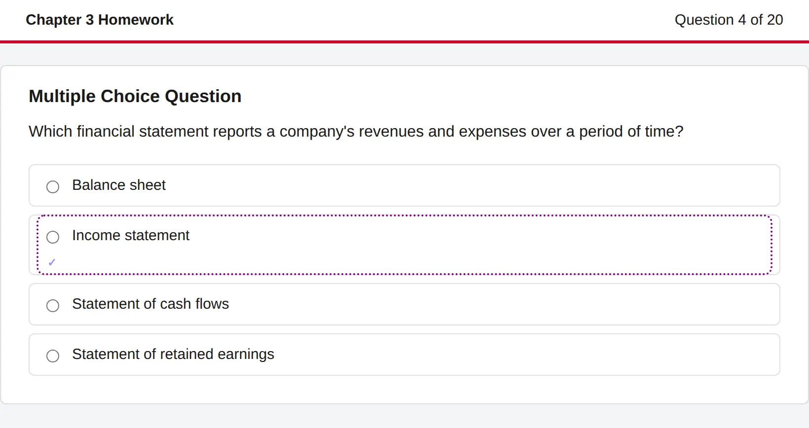 A Connect style multiple choice question asking which financial statement reports revenues and expenses. CleverNode has outlined Income statement.